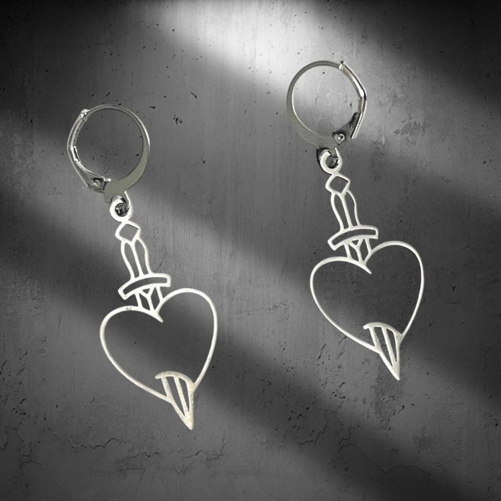Stainless steel heart dagger earrings